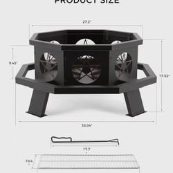 🥨35 inch Fire Pit, Large Firepits for Outside Wood Burning Fire Pits with Cooking Grill, Outdoor Fire Pit Octagonal Heavy Duty Firepit with Poker