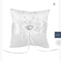 Wedding Rings Pillow White Satin Double Heart Crystals