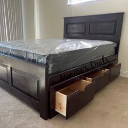 Queen Solid Wood Bed With 3 Drawers And Mattress $740