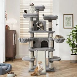 68" X-Large Cat Tree and Tower for Indoor Cats, Condo House with Scratching Board & Thick Posts, Gray