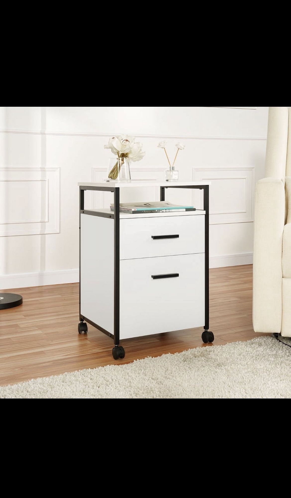 Brand new Naomi Home Nordine Rolling Cabinet in Whitewash (Model #04666). Still sealed in the original box — never opened.