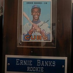 Ernie Banks Mint Condition Autographed Cubs Card And Plaque & Including Collectors Edition Photograph W/ Authentic Signature Item