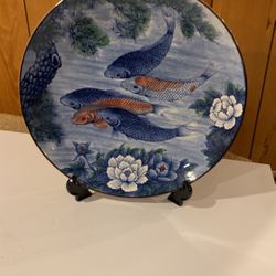 Japanese Porcelain Koi Fish and Lotus Flower Platter