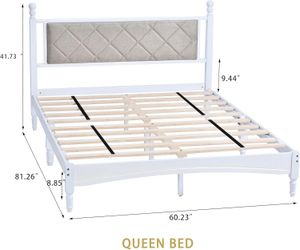 Queen Bed Frame with Fabric Upholstered Headboard, Solid Rubber Wood Foundation , White