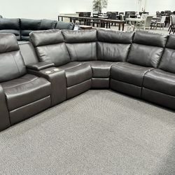 New Power Sectional.  Grey Or Brown Gel Leatherette.  110” X 98”.  Free Delivery!