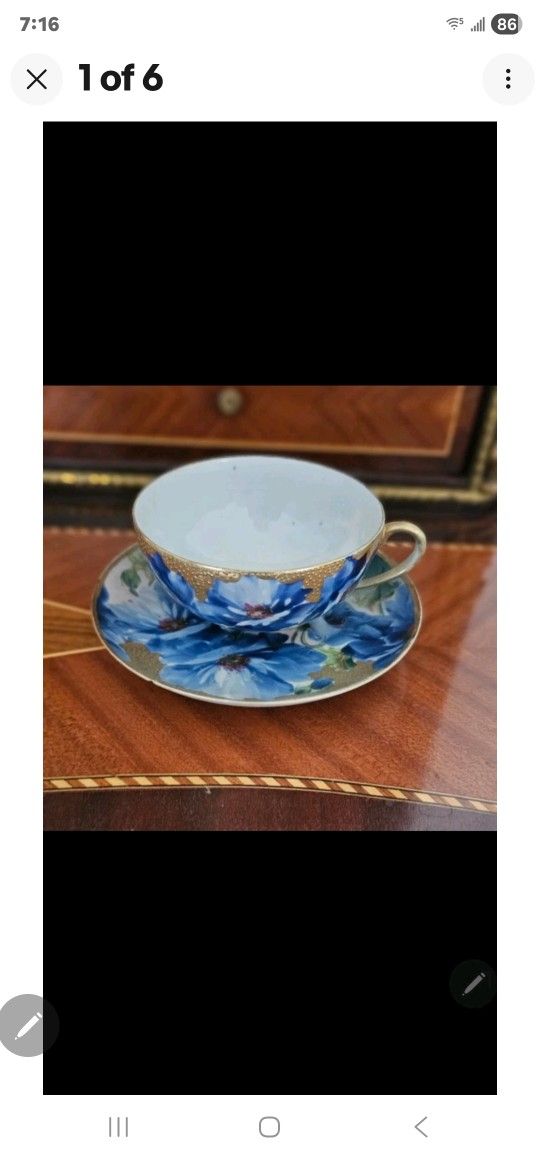 Antique Bone China Gold & Blue Floral cup & Saucer