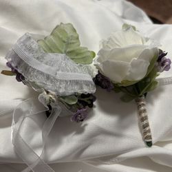 2PCS White & Purple Rose Boutonniere And Bride Wrist Corsage Set For Wedding Party Prom Homecoming Wedding Bouquets For Bride Rose Bridal Bouquets For