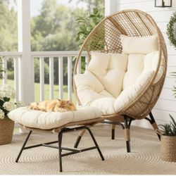 Newly assembled Wicker Egg Chair with Ottoman, Indoor Outdoor Egg Basket Lounge Chair w/Cushion