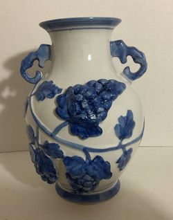 Blue and White Floral Relief Ceramic Vase - Home Accents