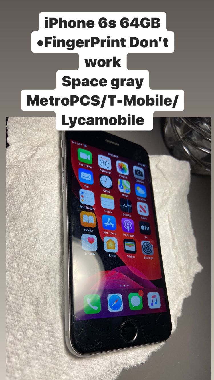 iPhone 6s 64GB •FingerPrint don’t Work• •Space Gray• •Scratch’s• T-Mobile/MetroPCS/Lycamobile •$100•