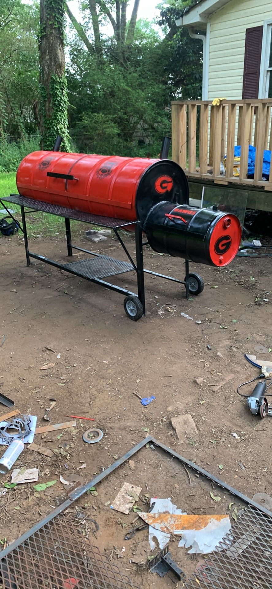 Double Barrel & Rack with offset Smoker