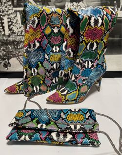 Steve Madden Women’s Multicolor Snakeskin Knee High Boots Size 11M + Matching Clutch