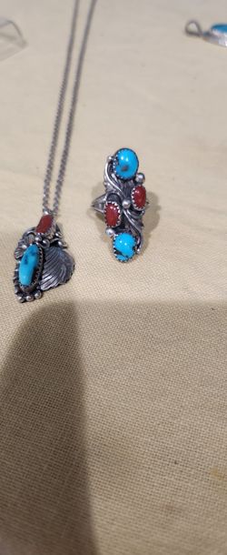 Turquoise And Coral ring And Pendant Navajo