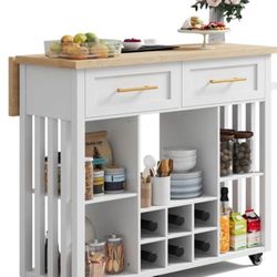 Modern rolling kitchen island with drop leaf countertop