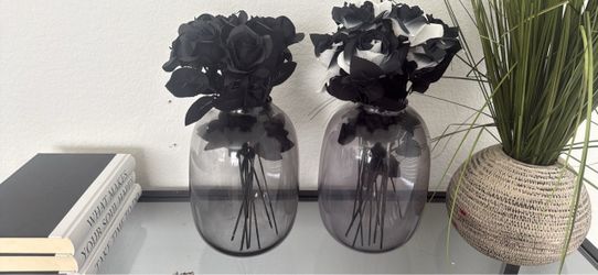 Smoked Glass Vases with Black Roses Set of 2