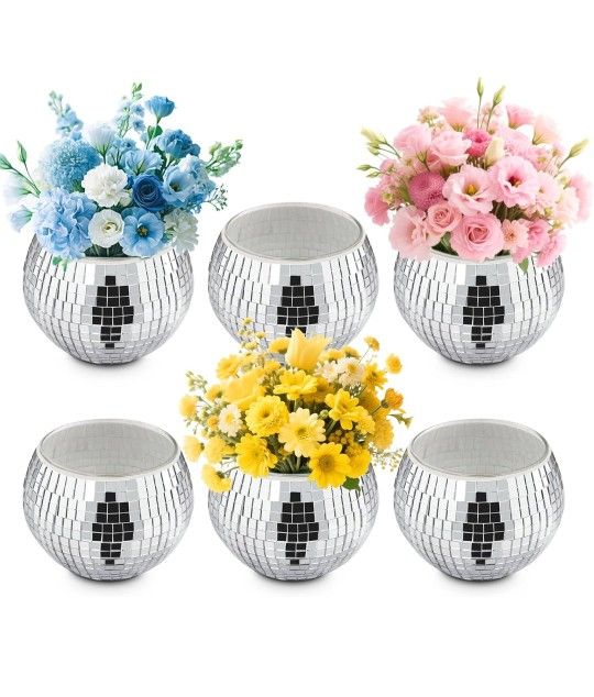 6 Pcs Disco Ball Vase, Mirror Disco Ball Decor for Wedding Table Centerpieces, Glass Planter Party Decorations for Christmas Home Birthday Flowers Pla