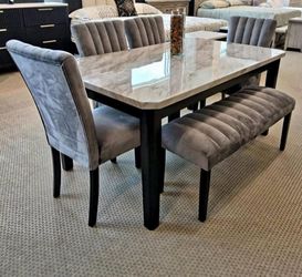 Marble Dining Table 🍽️ 4 Chairs & Bench 🪑Same Day Availability 🚚No Credit Needed!!!!