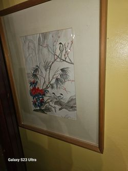 Framed Asian Watercolor Painting Birds and Flowers