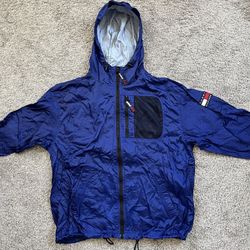 🔴Tommy Hilfiger Jacket Size Medium Windbreaker Hood Blue Flag