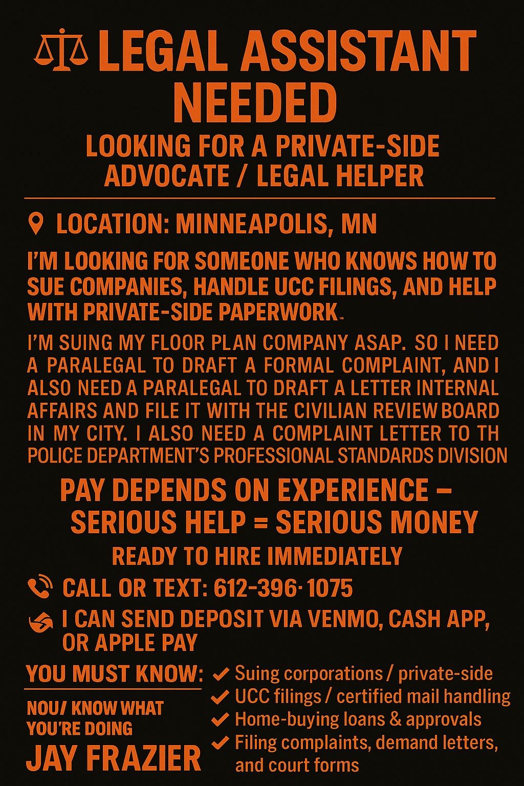 ⚖️ LEGAL ASSISTANT NEEDED ⚖️