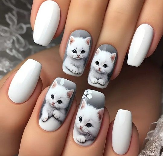 24-pcs. Cute Kitten Long Press-On Nails