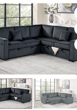 $550.  Sectional Pull Out Bed With Storage USB Cup Holder Available,I Ivory,Dark Gray,Corduroy