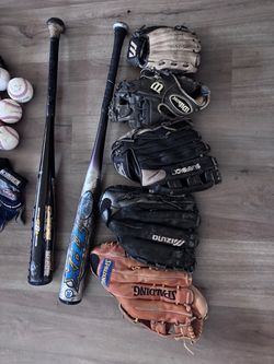 Baseball/softball gloves and bats and bag