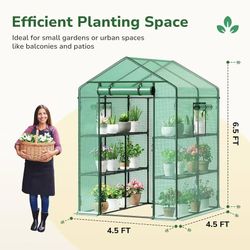 🥨GreatBuddy Walk-in Greenhouse for Outdoors, High-Density PE Plant Cover with 2 Tiers of 8 Shelves, 4.5x4.5x6.5ft, Perfect for Plant Growing, 4 Ropes