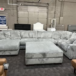 Super Soft Grey Corduroy Sectional Couch 