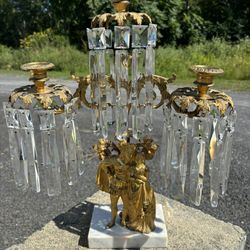 3 Piece Antique French Gilt Bronze Girandole & Matching Lusters With Cast Noble Figures