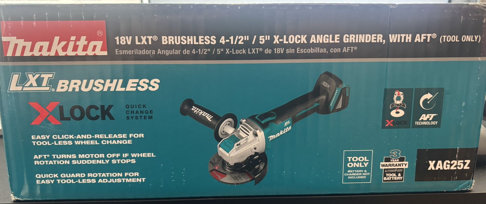Makita 18V LXT Lithium-ion Brushless Cordless 4-1/2 /5” X-Lock Angle Grinder, Tool Only, XAG25Z