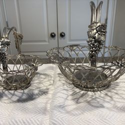 Vintage Plated Silver Grapevine Baskets With Handles, Set Of 2