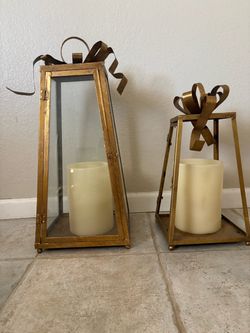 Set of 2 Gold Metal Decorative Lanterns (No Candles)