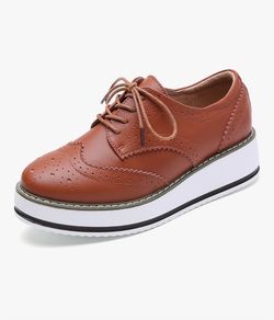 DADAWEN Women's Brown Platform Lace-Up Wingtips Square Toe Oxfords Shoe Size 10