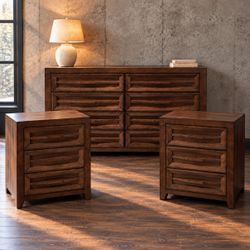 Brutalist-Style 3-Piece Bedroom Set — 8-Drawer Dresser + 2 Nightstands, Dark Walnut