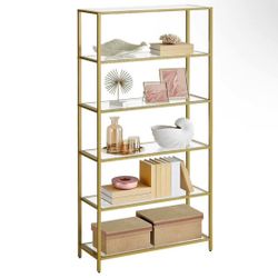 ONKER Bookcase, 6-Tier Bookshelf, Slim Shelving Unit for Bedroom, Bathroom, Home Office, Tempered Glass, Steel Frame, Metallic Gold ULGT5