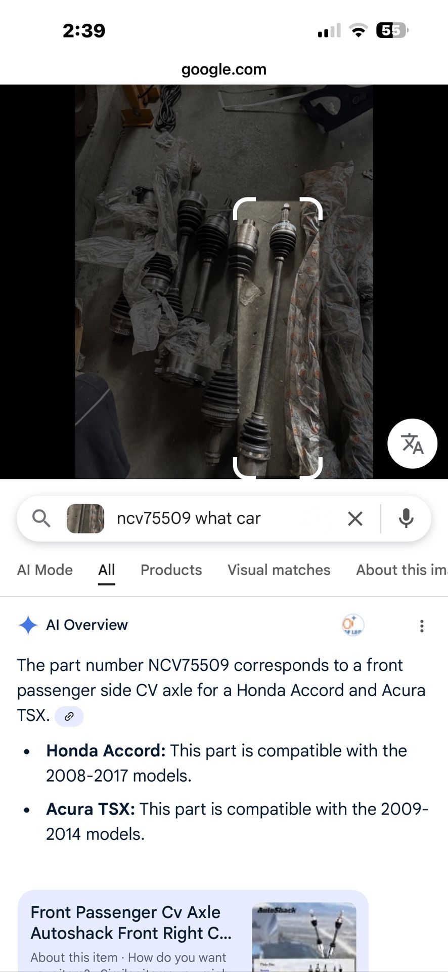 NCV75509 corresponds to a front passenger side CV axle for a Honda Accord and Acura TSX. @ • Honda Accord: This part is compatible with the 2008-2017