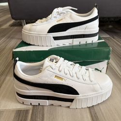 Women’s Puma Mayze Leather Lace Up Platform Shoes - Black White - Size 10