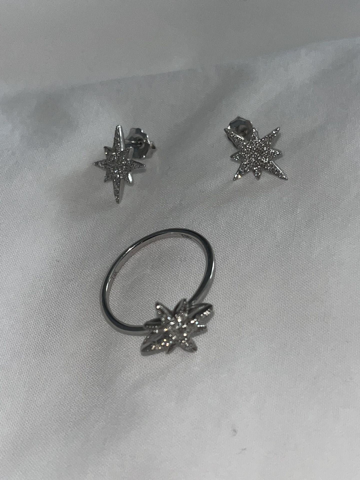 Diamond White Gold Starburst Ring And Matching Earrings Set 