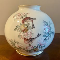 Vintage Lenox Serenade Bone China Globe Vase, Large 7", Ivory with 24k gold trim, Dogwood and Cardinal Design, Floral and Bird Spring Vase