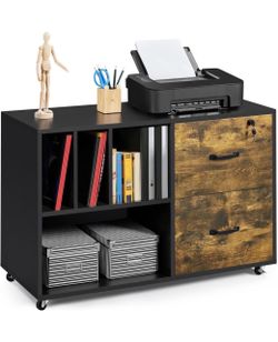 Mobile Lateral Filing Cabinets with 2 Drawers and 4 Open Storage Shelves for Letter Size A4 Size, Large File Cabinet Printer Stand on Wheels for Home 