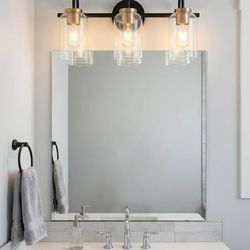 3-Light Bathroom Vanity Light Fixture Black Gold Clear Glass