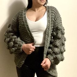 Gray POM Cardigan Chunky Sweater - Fits like a size 2 or 4
