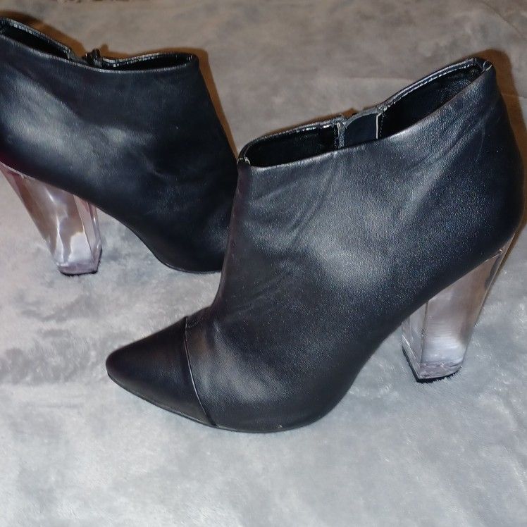 Size 8 Black Leather Boots With Acrlic Resin Heels