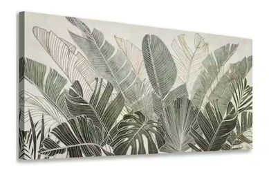 Framed Canvas Tropical Green Banana Leaves Outlined in Green and Taupe Wall Art - 29"x 58"