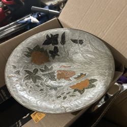 Vintage enameled brass hand painted bowl floral design.