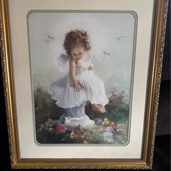 Joyce Birkenstock Art Print Angel Wings Baby Girl Ornate Gold Frame 56x 46”