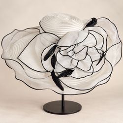 Vintage Off-White & Black Wide-Brim Statement Hat – Floral & Feather Details