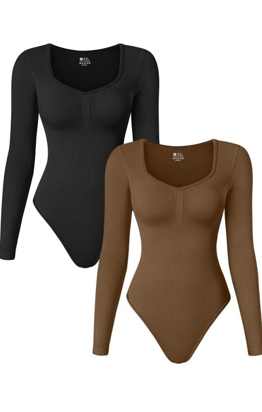 Women's 2 Piece Bodysuits Sexy Seamless Ribbed Long Sleeve Tummy Control Tops Bodysuits

