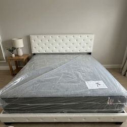 New QUEEN SIZE BED FRAME WITH MATTRESS AND BOX SPRING SET NEW BED FRAME DIAMOND WHITE FREE DELIVERY 